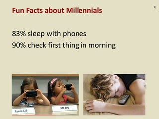 :20
Fun Facts about Millennials
83% sleep with phones
90% check first thing in morning
 