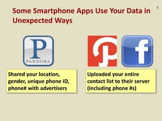 :24
Some Smartphone Apps Use Your Data in
Unexpected Ways
Shared your location,
gender, unique phone ID,
phone# with advertisers
Uploaded your entire
contact list to their server
(including phone #s)
 