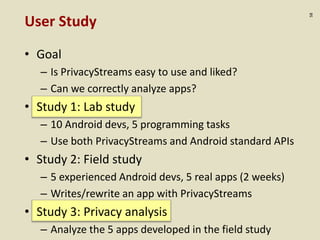 :58
User Study
• Goal
– Is PrivacyStreams easy to use and liked?
– Can we correctly analyze apps?
• Study 1: Lab study
– 1...