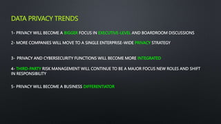 DATA PRIVACY TRENDS
1- PRIVACY WILL BECOME A BIGGER FOCUS IN EXECUTIVE-LEVEL AND BOARDROOM DISCUSSIONS
2- MORE COMPANIES WILL MOVE TO A SINGLE ENTERPRISE-WIDE PRIVACY STRATEGY
3- PRIVACY AND CYBERSECURITY FUNCTIONS WILL BECOME MORE INTEGRATED
4- THIRD-PARTY RISK MANAGEMENT WILL CONTINUE TO BE A MAJOR FOCUS NEW ROLES AND SHIFT
IN RESPONSIBILITY
5- PRIVACY WILL BECOME A BUSINESS DIFFERENTIATOR
 