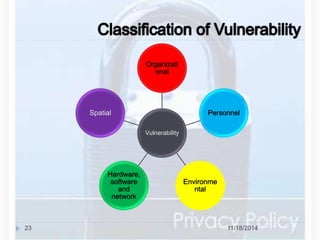 Organizati 
onal 
Vulnerability 
Personnel 
Environme 
ntal 
Hardware, 
software 
and 
network 
Spatial 
23 11/18/2014 
 