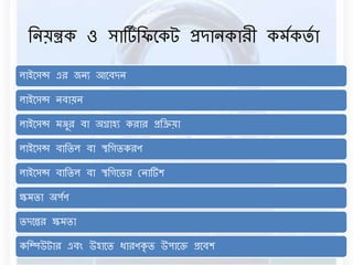 বেয়ন্ত্রক ও সার্টডবিনকট প্রদােকারী কর্ডকিডা 
োইনসন্স এর েেয আনিদে 
োইনসন্স েিায়ে 
োইনসন্স র্ঞ্জুর িা অগ্রাহয করার প্রবিয়া 
োইনসন্স িাবিে িা স্থবগিকরণ 
োইনসন্স িাবিে িা স্থবগনির রোর্টশ 
ক্ষর্িা অপডণ 
িদনন্তর ক্ষর্িা 
কবম্পউটার এিং উহানি ধারণকৃি উপানক্ত প্রনিশ 
 