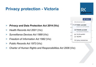 Privacy protection - Victoria 
> Privacy and Data Protection Act 2014 (Vic) 
> Health Records Act 2001 (Vic) 
> Surveillance Devices Act 1999 (Vic) 
> Freedom of Information Act 1982 (Vic) 
> Public Records Act 1973 (Vic) 
> Charter of Human Rights and Responsibilities Act 2006 (Vic) 
4 
 