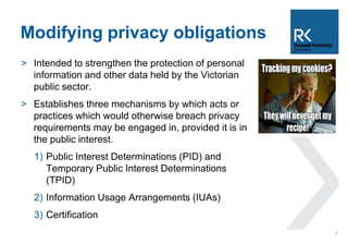 Modifying privacy obligations 
> Intended to strengthen the protection of personal 
information and other data held by the...