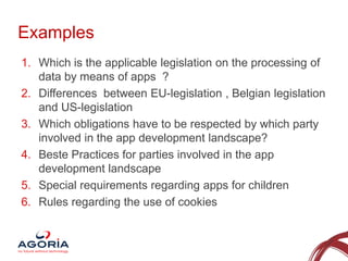 Examples
1. Which is the applicable legislation on the processing of
data by means of apps ?
2. Differences between EU-legislation , Belgian legislation
and US-legislation
3. Which obligations have to be respected by which party
involved in the app development landscape?
4. Beste Practices for parties involved in the app
development landscape
5. Special requirements regarding apps for children
6. Rules regarding the use of cookies

5

 