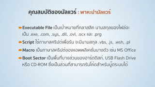 คุณสมบัติของมัลแวร์ : พาหะนํามัลแวร์
!Executable File เป็นเป้าหมายที่คลาสสิค นามสกุลของไฟล์จะ
เป็น .exe, .com, .sys, .dll, .ovl, .ocx และ .prg
!Script ใช้ภาษาสคริปต์เพื่อรัน จะมีนามสกุล .vbs, .js, .wsh, .pl
!Macro เป็นภาษาสคริปต์ของแอพพลิเคชั่นบางตัว เช่น MS Office
!Boot Sector เป็นพื้นที่บางส่วนของฮาร์ดดิสก์, USB Flash Drive
หรือ CD-ROM ซึ่งเป็นส่วนที่สามารถรันโค้ดสําหรับบู๊ตระบบได้
 