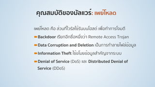 คุณสมบัติของมัลแวร์: เพย์โหลด
เพย์โหลด คือ ส่วนที่ไวรัสใช้รันบนโฮสต์ เพื่อทําการโจมตี
!Backdoor เรียกอีกชื่อหนึ่งว่า Remote Access Trojan
!Data Corruption and Deletion เป็นการทําลายไฟล์ข้อมูล
!Information Theft ใช้ขโมยข้อมูลสําคัญจากระบบ
!Denial of Service (DoS) และ Distributed Denial of
Service (DDoS)
 
