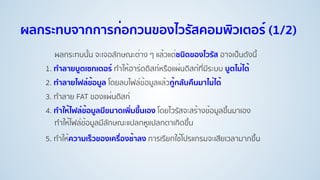 ผลกระทบจากการก่อกวนของไวรัสคอมพิวเตอร์ (1/2)
ผลกระทบนั้น จะเจอลักษณะต่าง ๆ แล้วแต่ชนิดของไวรัส อาจเป็นดังนี้
1. ทําลายบูตเซกเตอร์ ทําให้ฮาร์ดดิสก์หรือแผ่นดิสก์ที่มีระบบ บูตไม่ได้
2. ทําลายไฟล์ข้อมูล โดยลบไฟล์ข้อมูลแล้วกู้กลับคืนมาไม่ได้
3. ทําลาย FAT ของแผ่นดิสก์
4. ทําให้ไฟล์ข้อมูลมีขนาดเพิ่มขึ้นเอง โดยไวรัสจะสร้างข้อมูลขึ้นมาเอง
ทําให้ไฟล์ข้อมูลมีลักษณะแปลกหูแปลกตาเกิดขึ้น
5. ทําให้ความเร็วของเครื่องช้าลง การเรียกใช้โปรแกรมจะเสียเวลามากขึ้น
 