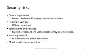 Security risks
• Device supply chain
• Devices may be resold pre-programmed with malware.
• Firmware upgrade
• OTA may be abused.
• Applications and services
• Exposed services and end-user applications may be compromised.
• Working network
• User networks are hostile by definition.
• Cloud service impersonation
Privacy and Security in IoT - Pixels Camp 2017 5
 