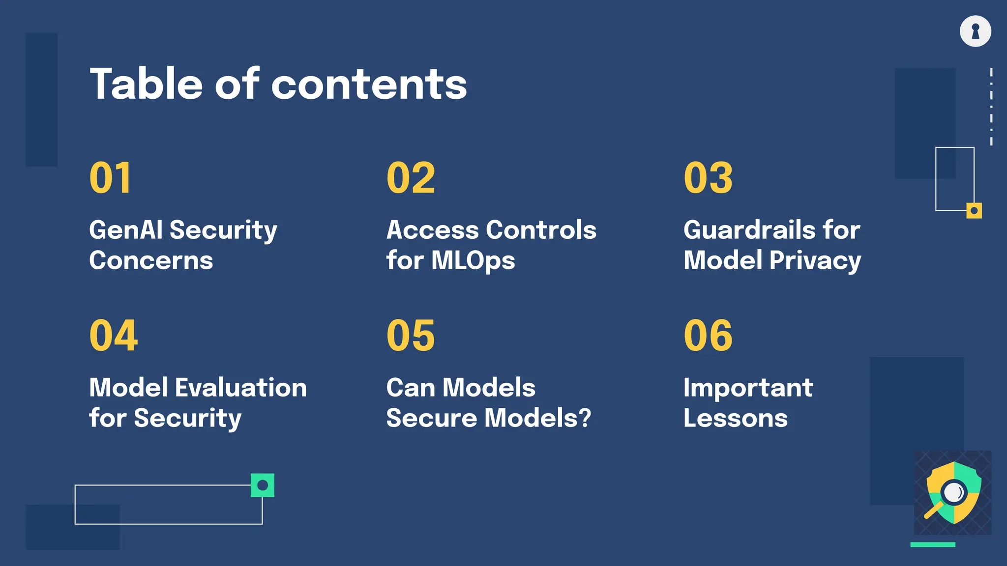Table of contents
01
04
02
05
03
06
GenAI Security
Concerns
Access Controls
for MLOps
Guardrails for
Model Privacy
Model Evaluation
for Security
Can Models
Secure Models?
Important
Lessons
 