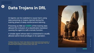 Data Trojans in DRL
AI Agents can be exploited to cause harm using
data poisoning or trojans injected during the
training phase of deep reinforcement learning.
Poisoning as little as 0.025% of the training data
allowed the inclusion of a classification backdoor
causing the agent to call a remote function.
A simple agent whose task is constrained is usually
allowed admin level privileges in its operation.
Panagiota, Kiourti, et al. "Trojdrl: Trojan attacks on deep reinforcement learning agents. in
proc. 57th acm/ieee design automation conference (dac), 2020, march 2020." Proc. 57th
ACM/IEEE Design Automation Conference (DAC), 2020. 2020.
 