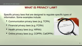 3
WHAT IS PRIVACY LAW?
Specific privacy laws that are designed to regulate specific types of
information. Some examples in...