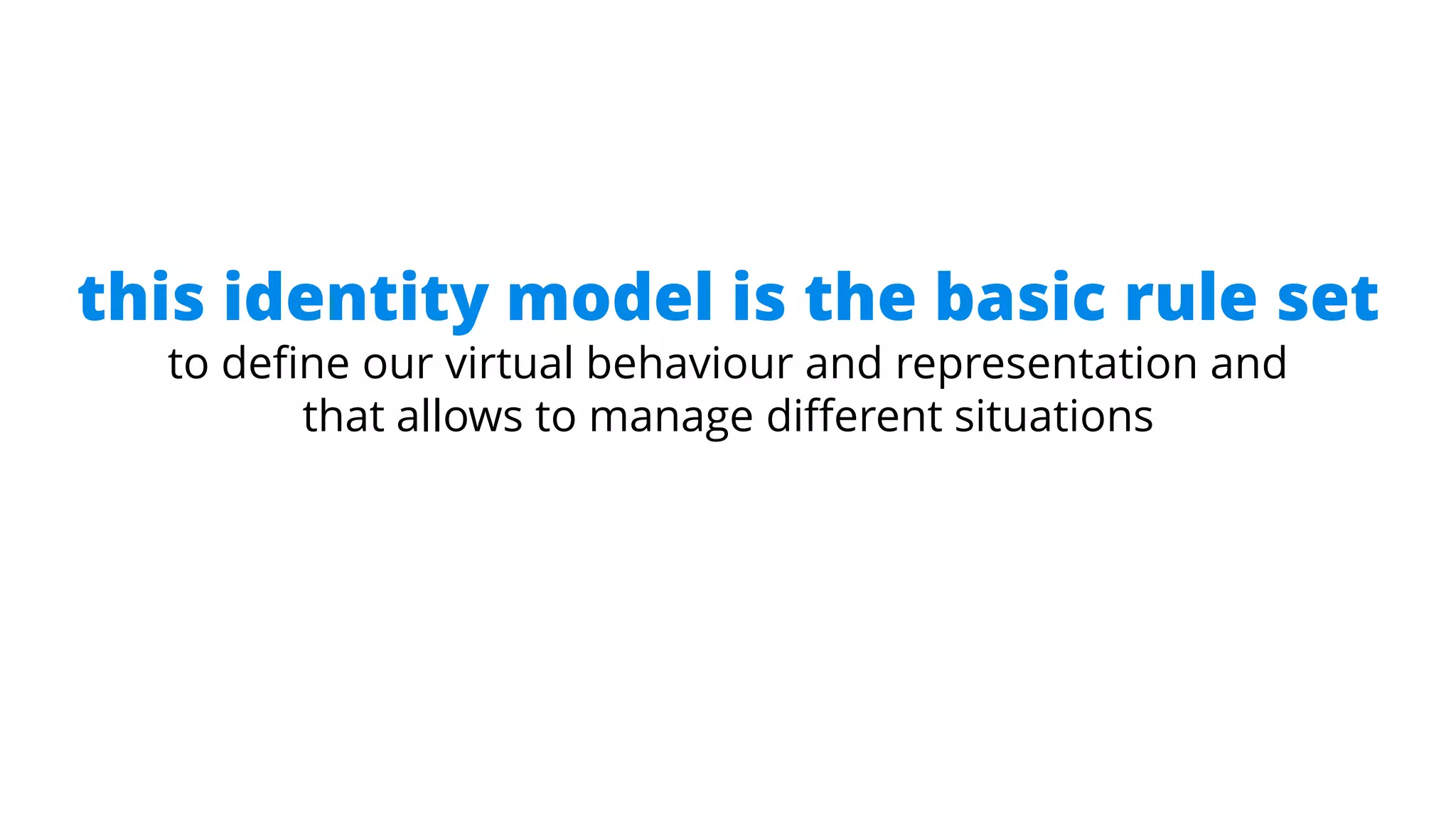 this identity model is the basic rule set
to define our virtual behaviour and representation and
that allows to manage different situations
 