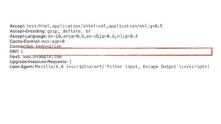 Accept: text/html,application/xhtml+xml,application/xml;q=0.9
Accept-Encoding: gzip, deflate, br
Accept-Language: en-GB,en;q=0.8,en-US;q=0.6,nl;q=0.4
Cache-Control: max-age=0
Connection: keep-alive
DNT: 1
Host: www.example.com
Upgrade-Insecure-Requests: 1
User-Agent: Mozilla/5.0 (<script>alert(‘Filter Input, Escape Output’);</script>)
 