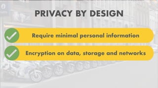 Require minimal personal information
PRIVACY BY DESIGN
Encryption on data, storage and networks
 