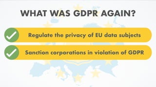 GDPR
WHAT WAS GDPR AGAIN?
Regulate the privacy of EU data subjects
Sanction corporations in violation of GDPR
 