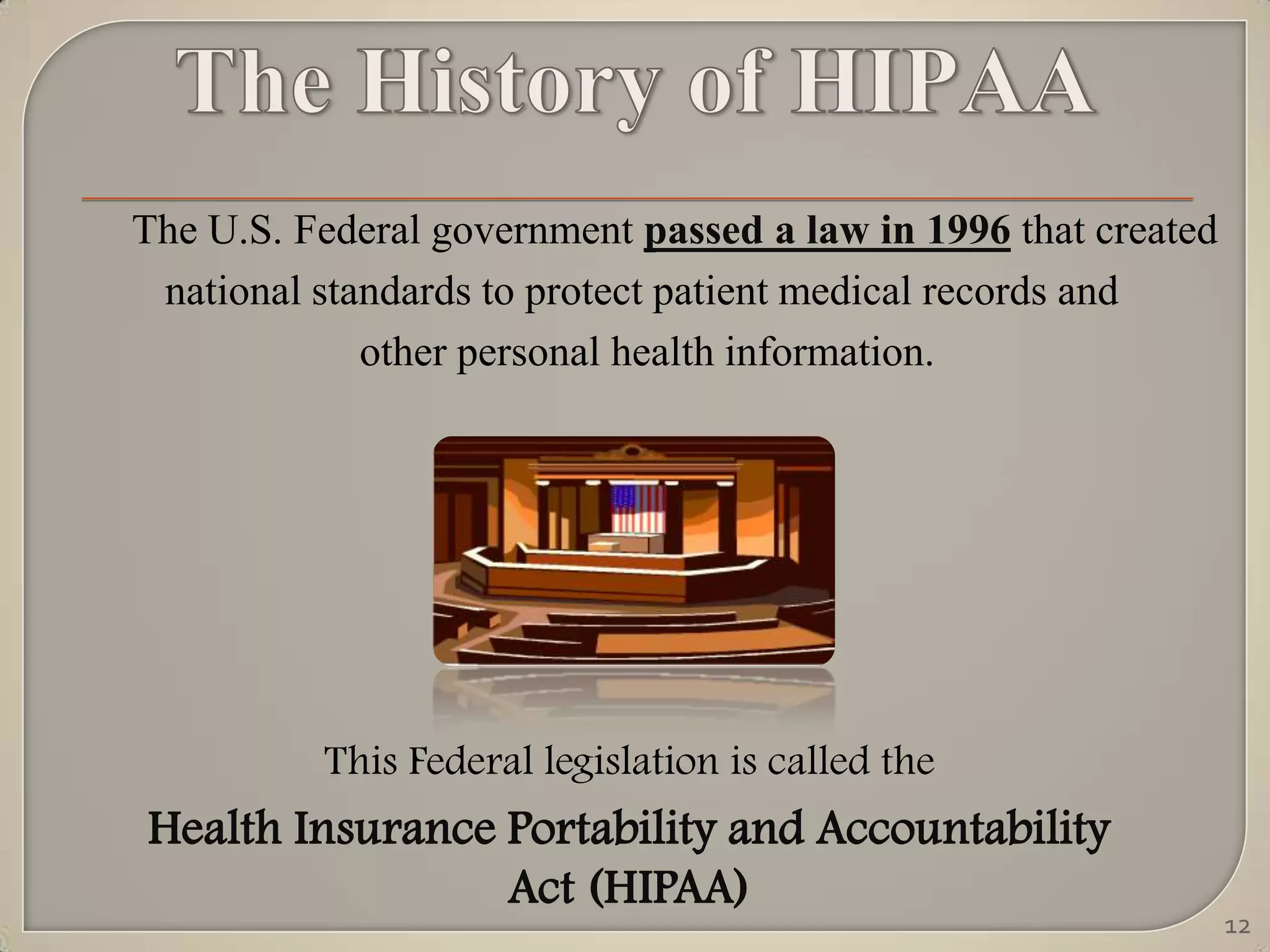 The U.S. Federal government passed a law in 1996 that created
 national standards to protect patient medical records and
             other personal health information.




          This Federal legislation is called the
Health Insurance Portability and Accountability
                 Act (HIPAA)
                                                                12
 