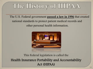 The U.S. Federal government passed a law in 1996 that created
 national standards to protect patient medical records and
             other personal health information.




          This Federal legislation is called the
Health Insurance Portability and Accountability
                 Act (HIPAA)
                                                                12
 