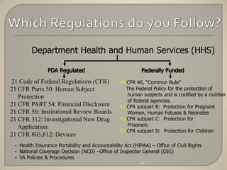 Department Health and Human Services (HHS)

                FDA Regulated                              Federally Funded
21 Code of Federal Regulations (CFR)             45 CFR 46, “Common Rule”
21 CFR Parts 50: Human Subject                      The Federal Policy for the protection of
   Protection                                        human subjects and is codified by a number
                                                     of federal agencies.
21 CFR PART 54: Financial Disclosure             45 CFR subpart B: Protection for Pregnant
21 CFR 56: Institutional Review Boards               Women, Human Fetuses & Neonates
21 CFR 312: Investigational New Drug             45 CFR subpart C: Protection for
   Application                                       Prisoners
                                                 45 CFR subpart D: Protection for Children
21 CFR 803,812: Devices
 • Health Insurance Portability and Accountability Act (HIPAA) – Office of Civil Rights
 • National Coverage Decision (NCD) –Office of Inspector General (OIG)
 • VA Policies & Procedures
                                                          42
 