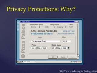 http://www.aclu.org/ordering-pizza
Privacy Protections: Why?
 