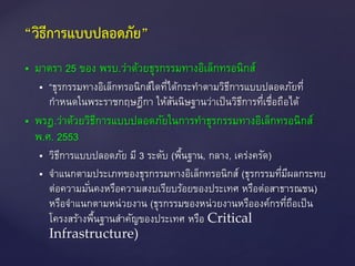  มาตรา 25 ของ พรบ.ว่าด้วยธุรกรรมทางอิเล็กทรอนิกส์
 “ธุรกรรมทางอิเล็กทรอนิกส์ใดที่ได้กระทาตามวิธีการแบบปลอดภัยที่
กาหนดในพระราชกฤษฎีกา ให้สันนิษฐานว่าเป็นวิธีการที่เชื่อถือได้
 พรฎ.ว่าด้วยวิธีการแบบปลอดภัยในการทาธุรกรรมทางอิเล็กทรอนิกส์
พ.ศ. 2553
 วิธีการแบบปลอดภัย มี 3 ระดับ (พื้นฐาน, กลาง, เคร่งครัด)
 จาแนกตามประเภทของธุรกรรมทางอิเล็กทรอนิกส์ (ธุรกรรมที่มีผลกระทบ
ต่อความมั่นคงหรือความสงบเรียบร้อยของประเทศ หรือต่อสาธารณชน)
หรือจาแนกตามหน่วยงาน (ธุรกรรมของหน่วยงานหรือองค์กรที่ถือเป็น
โครงสร้างพื้นฐานสาคัญของประเทศ หรือ Critical
Infrastructure)
“วิธีการแบบปลอดภัย”
 