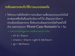  ให้หน่วยงานยึดถือหลักการประเมินความเสี่ยงของระบบเทคโนโลยี
สารสนเทศซึ่งเป็นที่ยอมรับเป็นการทั่วไป เป็นแนวทางในการ
ประเมินระดับผลกระทบ ซึ่งต้องประเมินผลกระทบในด้านต่อไปนี้
ด้วย (ผลกระทบจาก Worst Case Scenario ใน 1 วัน)
 ผลกระทบด้านมูลค่าความเสียหายทางการเงิน
 ต่า: ≤ 1 ล้านบาท
 ปานกลาง: 1 ล้านบาท < มูลค่า ≤ 100 ล้านบาท
 สูง: > 100 ล้านบาท
ระดับผลกระทบกับวิธีการแบบปลอดภัย
 