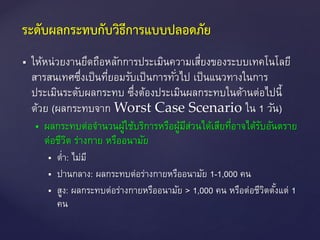  ให้หน่วยงานยึดถือหลักการประเมินความเสี่ยงของระบบเทคโนโลยี
สารสนเทศซึ่งเป็นที่ยอมรับเป็นการทั่วไป เป็นแนวทางในการ
ประเมินระดับผลกระทบ ซึ่งต้องประเมินผลกระทบในด้านต่อไปนี้
ด้วย (ผลกระทบจาก Worst Case Scenario ใน 1 วัน)
 ผลกระทบต่อจานวนผู้ใช้บริการหรือผู้มีส่วนได้เสียที่อาจได้รับอันตราย
ต่อชีวิต ร่างกาย หรืออนามัย
 ต่า: ไม่มี
 ปานกลาง: ผลกระทบต่อร่างกายหรืออนามัย 1-1,000 คน
 สูง: ผลกระทบต่อร่างกายหรืออนามัย > 1,000 คน หรือต่อชีวิตตั้งแต่ 1
คน
ระดับผลกระทบกับวิธีการแบบปลอดภัย
 