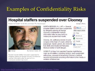 Examples of Confidentiality Risks
http://usatoday30.usatoday.com/life/people/2007-10-10-clooney_N.htm
 