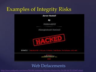 Examples of Integrity Risks
http://news.softpedia.com/news/700-000-InMotion-Websites-Hacked-by-TiGER-M-TE-223607.shtml
Web Defacements
 