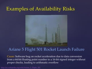 Examples of Availability Risks
http://en.wikipedia.org/wiki/Ariane_5_Flight_501
Ariane 5 Flight 501 Rocket Launch Failure
Cause: Software bug on rocket acceleration due to data conversion
from a 64-bit floating point number to a 16-bit signed integer without
proper checks, leading to arithmatic overflow
 