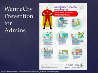 WannaCry
Prevention
for
Admins
https://www.thaicert.or.th/downloads/files/info_WannaCry-Admin.png
 