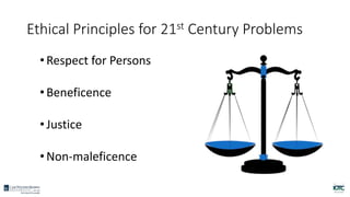 Ethical Principles for 21st Century Problems
•Respect for Persons
•Beneficence
•Justice
•Non-maleficence
 