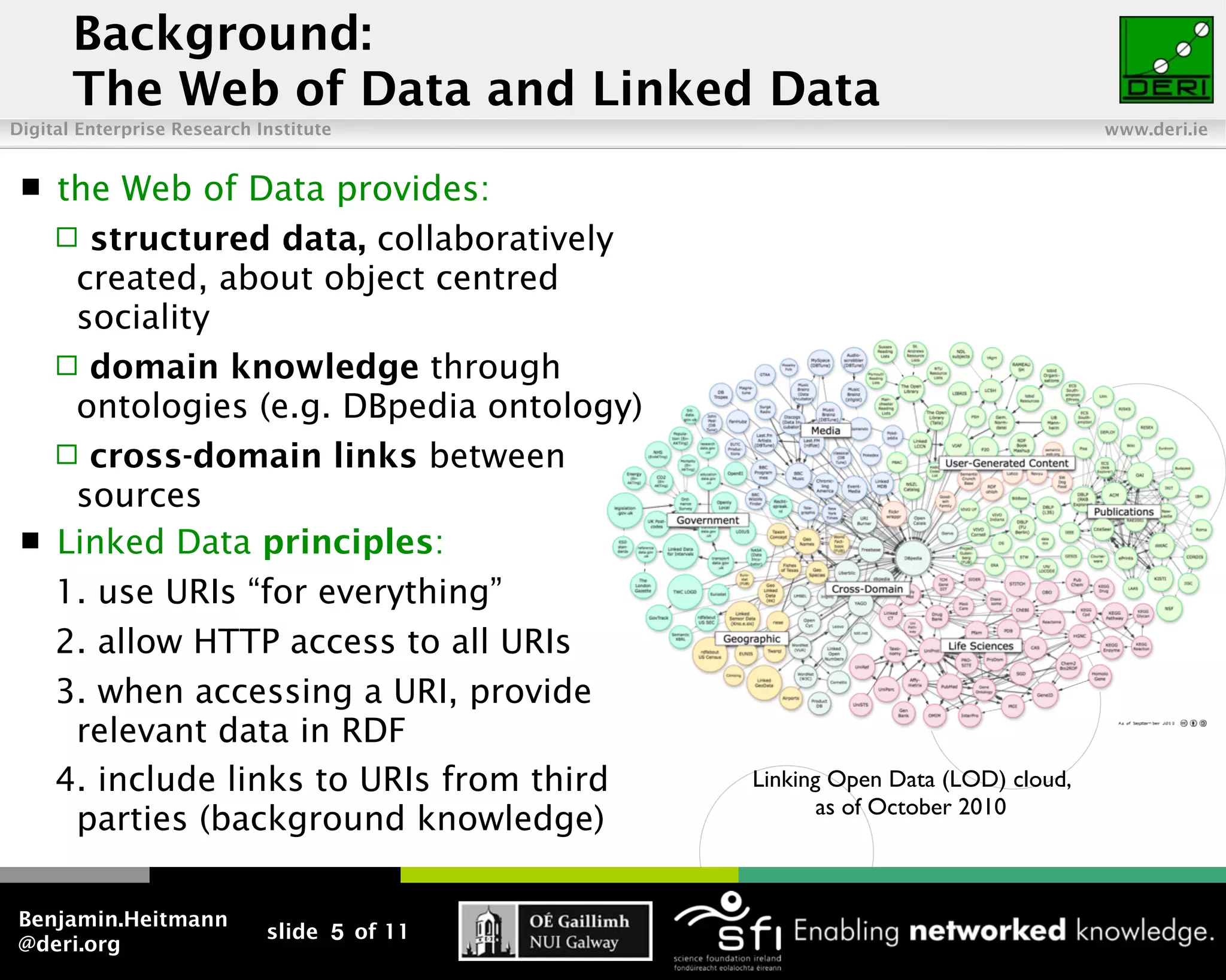 Background:
       The Web of Data and Linked Data
Digital Enterprise Research Institute                                         www.deri.ie


    the Web of Data provides:
      structured data, collaboratively
      created, about object centred
      sociality
      domain knowledge through
      ontologies (e.g. DBpedia ontology)
      cross-domain links between
      sources
    Linked Data principles:
     1. use URIs “for everything”
     2. allow HTTP access to all URIs
     3. when accessing a URI, provide
      relevant data in RDF
     4. include links to URIs from third     Linking Open Data (LOD) cloud,
                                                    as of October 2010
      parties (background knowledge)

Benjamin.Heitmann
                             slide 5 of 11
@deri.org
 