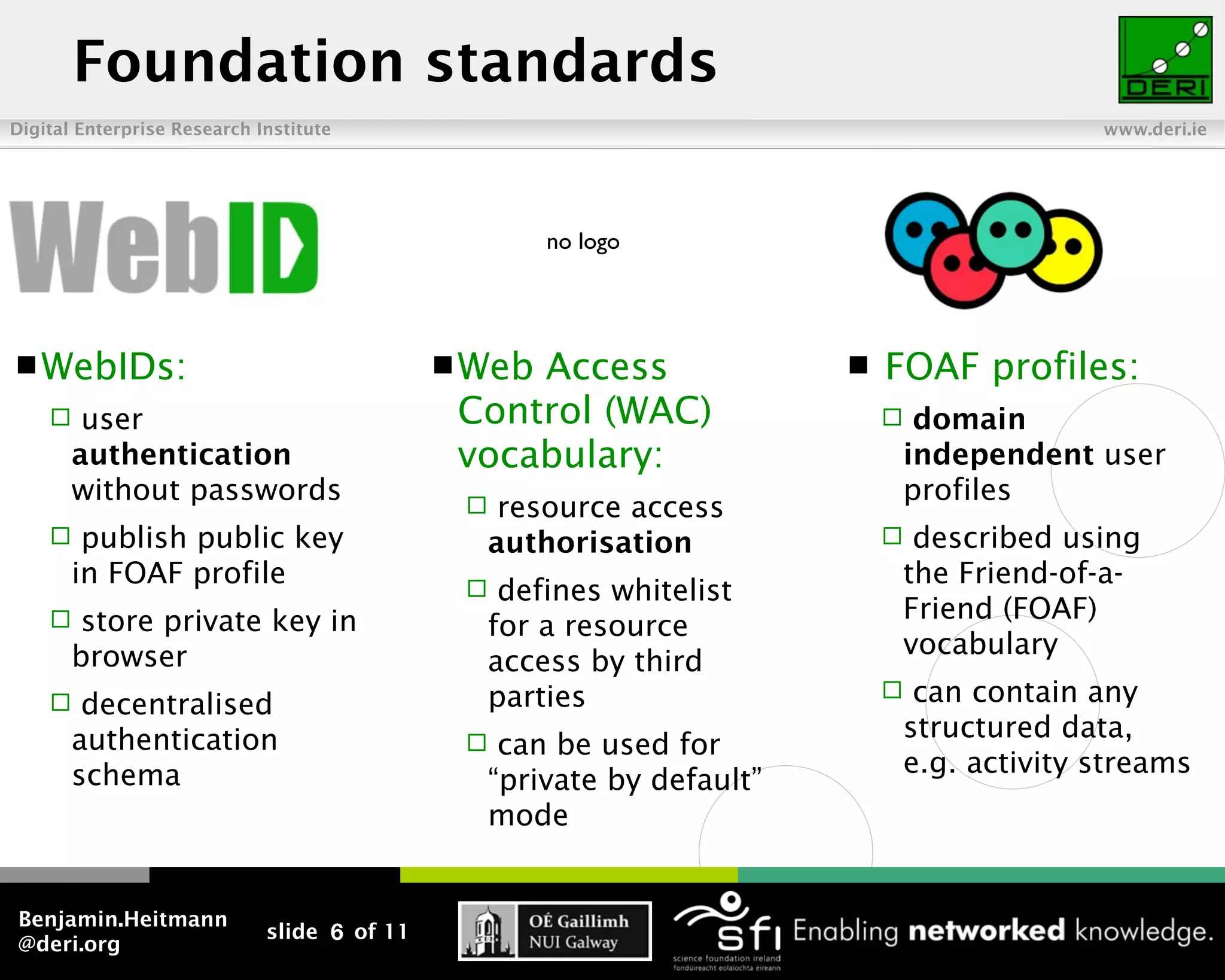 Foundation standards
Digital Enterprise Research Institute                                                          www.deri.ie




                                                      no logo




 WebIDs:                                     WebAccess                    FOAF profiles:
        user                                 Control (WAC)                      domain
        authentication                        vocabulary:                        independent user
        without passwords                                                        profiles
                                                  resource access
        publish public key                       authorisation                  described using
        in FOAF profile                                                          the Friend-of-a-
                                                  defines whitelist
        store private key in                                                    Friend (FOAF)
                                                  for a resource
        browser                                                                  vocabulary
                                                  access by third
        decentralised                            parties                        can contain any
        authentication                                                           structured data,
                                                  can be used for
        schema                                                                   e.g. activity streams
                                                  “private by default”
                                                  mode


Benjamin.Heitmann
                             slide 6 of 11
@deri.org
 