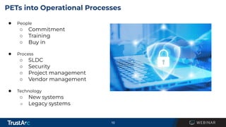 10
PETs into Operational Processes
● People
○ Commitment
○ Training
○ Buy in
● Process
○ SLDC
○ Security
○ Project management
○ Vendor management
● Technology
○ New systems
○ Legacy systems
 