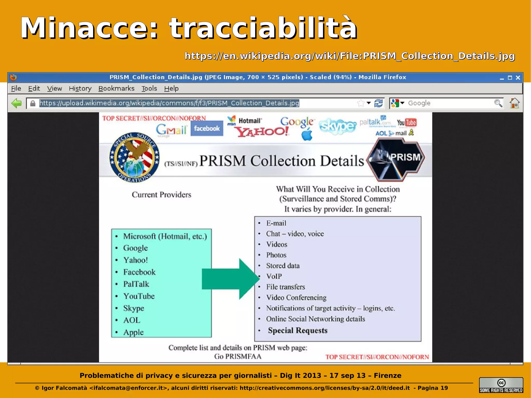 Minacce: tracciabilità
https://en.wikipedia.org/wiki/File:PRISM_Collection_Details.jpg

Problematiche di privacy e sicurezza per giornalisti – Dig It 2013 – 17 sep 13 – Firenze
© Igor Falcomatà <ifalcomata@enforcer.it>, alcuni diritti riservati: http://creativecommons.org/licenses/by-sa/2.0/it/deed.it - Pagina 19

 