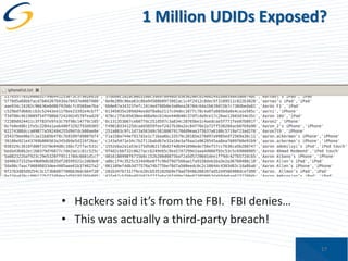 1 Million UDIDs Exposed?

• Hackers said it’s from the FBI. FBI denies…
• This was actually a third-party breach!
17

 