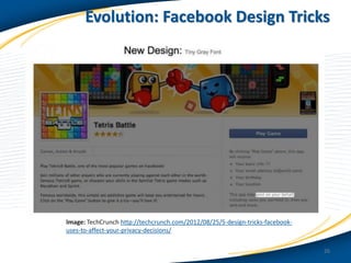 Evolution: Facebook Design Tricks

Image: TechCrunch http://techcrunch.com/2012/08/25/5-design-tricks-facebookuses-to-affect-your-privacy-decisions/
26

 
