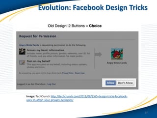 Evolution: Facebook Design Tricks

Image: TechCrunch http://techcrunch.com/2012/08/25/5-design-tricks-facebookuses-to-affect-your-privacy-decisions/

27

 
