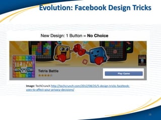 Evolution: Facebook Design Tricks

Image: TechCrunch http://techcrunch.com/2012/08/25/5-design-tricks-facebookuses-to-affect-your-privacy-decisions/

28

 