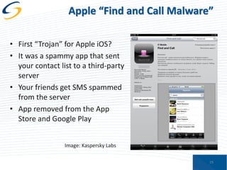 Apple “Find and Call Malware”
• First “Trojan” for Apple iOS?
• It was a spammy app that sent
your contact list to a third-party
server
• Your friends get SMS spammed
from the server
• App removed from the App
Store and Google Play
Image: Kaspersky Labs
29

 