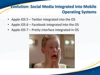 Evolution: Social Media Integrated into Mobile
Operating Systems
• Apple iOS 5 – Twitter integrated into the OS
• Apple iOS 6 – Facebook integrated into the OS
• Apple iOS 7 – Pretty interface integrated in OS

31

 