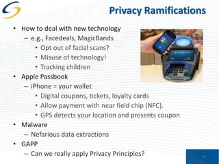 Privacy Ramifications
• How to deal with new technology
– e.g., Facedeals, MagicBands
• Opt out of facial scans?
• Misuse of technology!
• Tracking children
• Apple Passbook
– iPhone = your wallet
• Digital coupons, tickets, loyalty cards
• Allow payment with near field chip (NFC).
• GPS detects your location and presents coupon
• Malware
– Nefarious data extractions
• GAPP
– Can we really apply Privacy Principles?

54

 