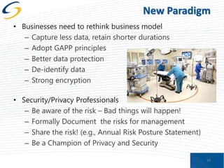 New Paradigm
• Businesses need to rethink business model
– Capture less data, retain shorter durations
– Adopt GAPP principles
– Better data protection
– De-identify data
– Strong encryption

• Security/Privacy Professionals
– Be aware of the risk – Bad things will happen!
– Formally Document the risks for management
– Share the risk! (e.g., Annual Risk Posture Statement)
– Be a Champion of Privacy and Security
58

 