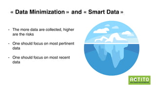 GDPR
« Data Minimization » and « Smart Data »
- The more data are collected, higher
are the risks
- One should focus on most pertinent
data
- One should focus on most recent
data
 