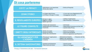 • Definizione e sua importanza
• Diritto alla LibertàCOS’E’ LA PRIVACY
• Le Origini della Privacy
• La Privacy in Europa e in ItaliaCENNI STORICI
•Entrata in vigore
•Oggetto e finalità
•Quadro generale
IL REGOLAMENTO EUROPEO
• Titolare del trattamento
• Responsabile del trattamento
• Incaricato
LE FIGURE COINVOLTE
• Diritto di accesso
• Diritto di rettifica
• Diritto alla cancellazione
I DIRITTI DEGLI INTERESSATI
• Principi per l’applicazione
• Informativa
• Consenso
GLI ADEMPIMENTI PER
L’AZIENZA
• Sanzione amministrativa
• Risarcimento dei danniIL SISTEMA SANZIONATORIO
Di cosa parleremo
Privacy e Trattamento dei dati - Formazione Generale2
• Ambito di applicazione
• Dato Personale e Trattamento
• Interessato
• Responsabile Protezione dei Dati DPO
• Garante della Privacy
• Diritto di limitazione
• Diritto alla portabilità
• Diritto di opposizione (profilazione)
• Sanzioni penali
• Danno di immagine
• Valutazione di Impatto
• Registro dei Trattamenti
• Sicurezza del Trattamento
• Diritto di Proprietà
• L’arrivo del nuovo Regolamento UE
• Conseguenze normative
• Violazione dei Dati
 