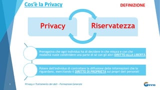Privacy e Trattamento dei dati - Formazione Generale3
Cos’è la Privacy
Prerogativa che ogni individuo ha di decidere in che misura e con che
modalità vuole condividere una parte di sé con gli altri DIRITTO ALLA LIBERTÀ
Potere dell'individuo di controllare la diffusione delle informazioni che lo
riguardano, esercitando il DIRITTO DI PROPRIETÀ sui propri dati personali
DEFINIZIONE
Privacy Riservatezza
 