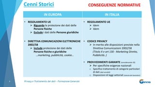 Privacy e Trattamento dei dati - Formazione Generale4
Cenni Storici
IN EUROPA IN ITALIA
• REGOLAMENTO UE
 Riguarda la protezione dei dati delle
Persone fisiche
 Esclude i dati delle Persone giuridiche
• DIRETTIVA COMUNICAZIONI ELETTRONICHE
2002/58
 Include protezione dei dati delle
Persone fisiche e giuridiche
…marketing, pubblicità, cookie…
• REGOLAMENTO UE
 Idem
 Idem
• CODICE PRIVACY
 In merito alle disposizioni previste nella
Direttiva Comunicazioni 2002/58
(Titolo X e art 130 - Marketing Diretto,
Pubblicità..)
• PROVVEDIMENTI GARANTE (considerando 10)
 Per specifiche esigenze nazionali
o Specifico trattamento di categorie particolari
di dati (dati sensibili)
o Disposizioni di leggi settoriali (statuto dei lavoratori)
CONSEGUENZE NORMATIVE
 