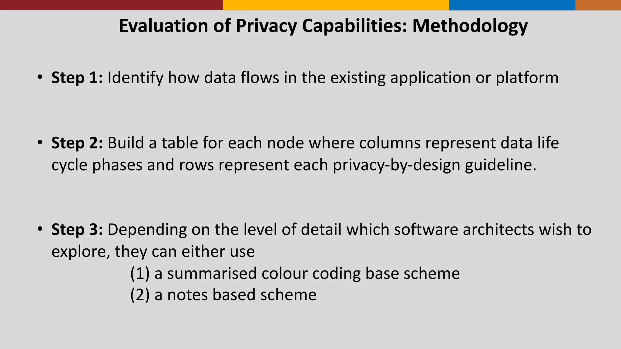 Evaluation	
  of	
  Privacy	
  Capabilities:	
  Methodology
• Step	
  1:	
  Identify	
  how	
  data	
  flows	
  in	
  the	
  existing	
  application	
  or	
  platform
• Step	
  2:	
  Build	
  a	
  table	
  for	
  each	
  node	
  where	
  columns	
  represent	
  data	
  life	
  
cycle	
  phases	
  and	
  rows	
  represent	
  each	
  privacy-­‐by-­‐design	
  guideline.
• Step	
  3:	
  Depending	
  on	
  the	
  level	
  of	
  detail	
  which	
  software	
  architects	
  wish	
  to	
  
explore,	
  they	
  can	
  either	
  use	
  
(1)	
  a	
  summarised	
  colour	
  coding	
  base	
  scheme
(2)	
  a	
  notes	
  based	
  scheme
 