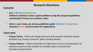 Research	
  Directions
• Can	
  1)	
  Novice	
  2)	
  Experience	
  
Software	
  architects	
  assess	
  a	
  given	
  platform	
  using	
  the	
  proposed	
  guidelines	
  
consistently?	
  If	
  there	
  are	
  variation,	
  why?
• Given	
  a	
  case	
  study,	
  can	
  privacy	
  guidelines	
  guide	
  1)	
  Novice	
  2)	
  Experience
Towards	
  a better privacy-­‐aware	
  IoT	
  applications
Evaluation
Future	
  work
• Privacy	
  Tactics	
  -­‐ Tactics	
  are	
  design	
  decisions	
  that	
  improve	
  individual	
  quality	
  
attribute	
  (e.g.	
  Privacy)	
  concerns.	
  [Basic	
  building	
  blocks]
• Privacy	
  Patterns	
  -­‐ Patterns describe	
  the	
  high-­‐level	
  structure	
  and	
  behaviour	
  of	
  
software	
  systems	
  as	
  the	
  solution	
  to	
  multiple	
  system	
  requirements
[Complex	
  Compositions]
 